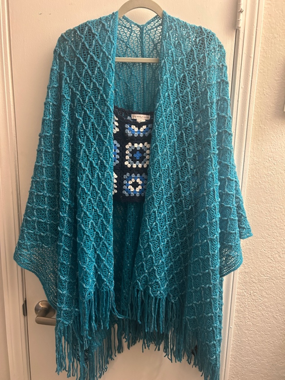 Turquoise Open-Knit Fringe Poncho Shrug